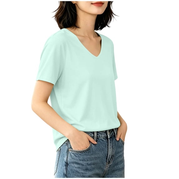 Fengqque Womens Short Sleeve Tops V Neck Summer T Shirt Casual Basic Tees Solid Color Trendy Tops Green L(L)