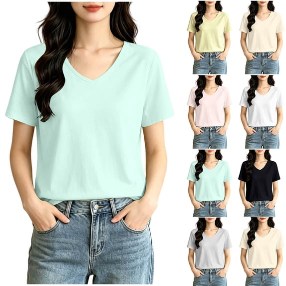 Fengqque Womens Short Sleeve Tops V Neck Summer T Shirt Casual Basic Tees Solid Color Trendy Tops Yellow XL(XL)