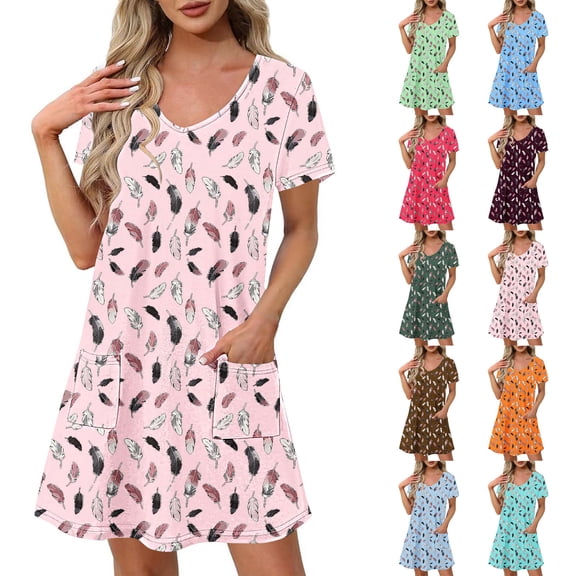Fengqque Womens Short Sleeve V Neck Beach Vacation Dresses Summer Feather Print Short Sleeve V Neck Waist-cinching Women's Casual Dresses with Pockets Sky Blue-E XL(XL)