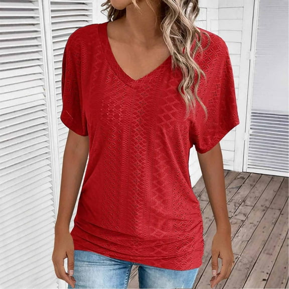 Fengqque Womens Short Sleeve V-neck Hollow Out Breathable Shirt Solid Color Casual Daily Slim Fit Top Red M(M)