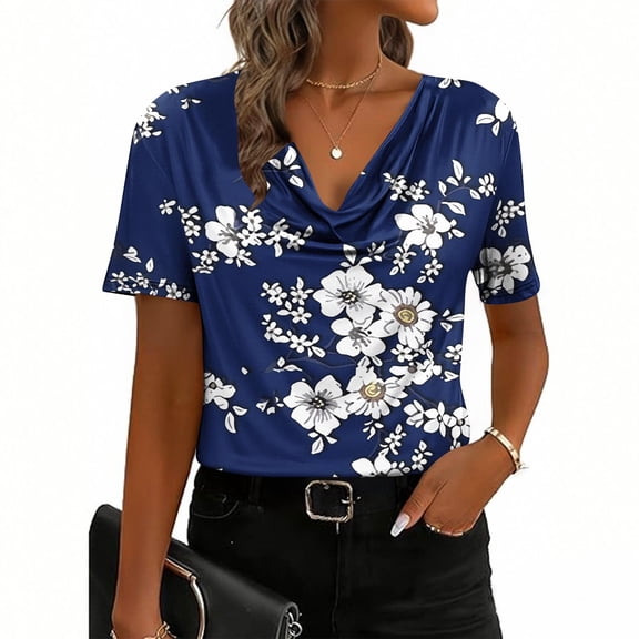 Fengqque Womens Short Sleeve Wrinkle V-neck T-shirt Hawaiian Style Print Loose Breathable Casual Shirt Blue-C L(L)