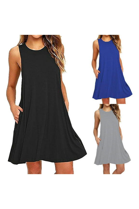 Womens Solid Color Summer Dresses Casual Sleeveless Round Neck Loose Casual Mid Length Skirt Gray 10(XL)