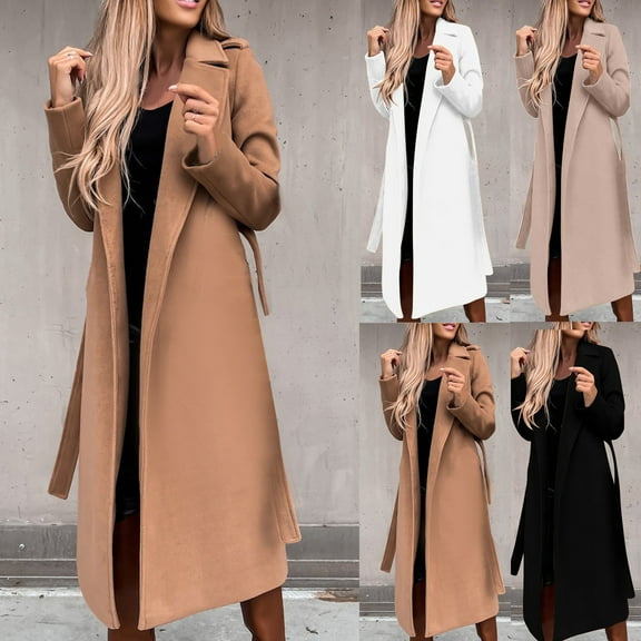 Fengqque Womens Solid Color Thin Long Sleeves Wool Coats Notched Collar Open Front Woolen Blend Trench Coat with Belt White 10(XL)
