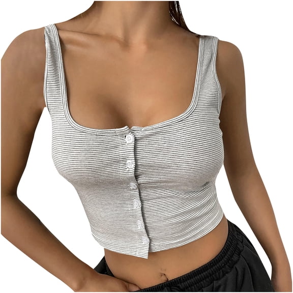 Fengqque Womens Stripe Tank Tops Sleeveless Buckle Base Shirt Summer Casual Workout Tees