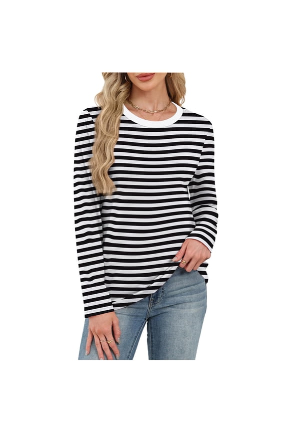 Womens Striped Long Sleeve Shirts Color Blocked Loose Waist-cinching Pullover Shirt Black L(L)