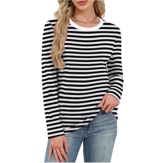Fengqque Womens Striped Long Sleeve Shirts Color Blocked Loose Waist-cinching Pullover Shirt Black XL(XL)