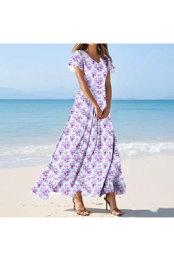 Womens Summer Dress Casual Ruffle Short Sleeve Printing Sundresses Beach Mini A-line Shift Dress Women's Casual Dresses Multicolor-G M(M)
