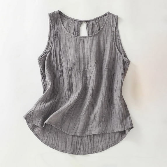 Fengqque Womens Summer Round Neck Linen-cotton Tank Tops Sleeveless Blouse Back Hollow Out Loose Womens Camisole Gray L(L)