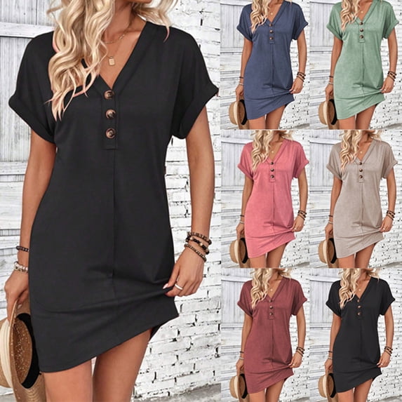 Fengqque Womens Summer Shirt Dress Short Sleeve V-neck Button Dress Waist-cinching Loose Beach Sundress Red 10(XL)