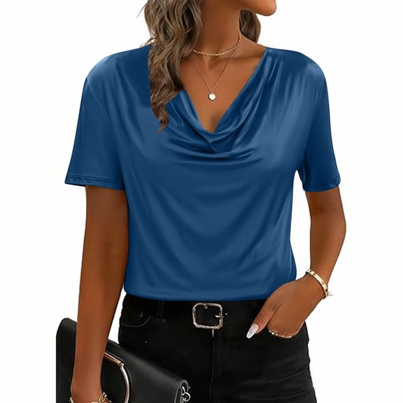 Fengqque Womens Summer Short Sleeve Fold V-neck Loose T-shirt Solid Color Casual Fashion Top Blue L(L)