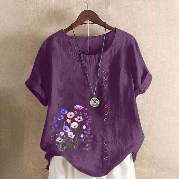 Fengqque Womens Summer Tops Crewneck Short Sleeve Shirts Button Printing T Shirts Plus Size Tops Purple-A L(L)