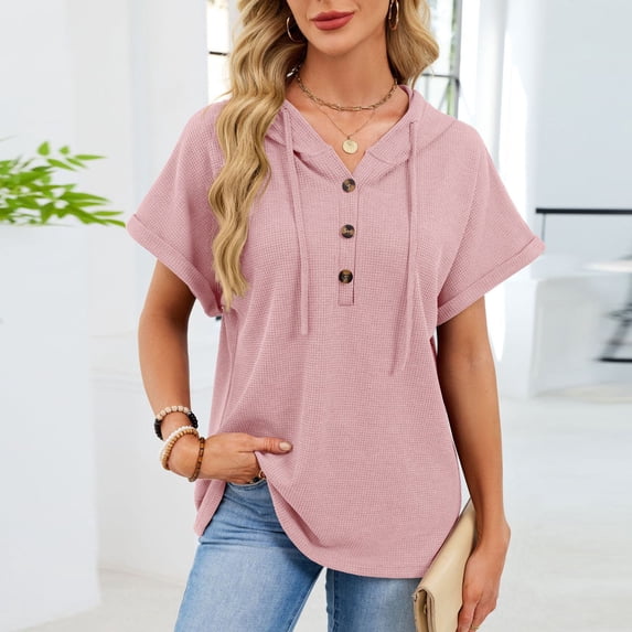 Fengqque Womens Summer Tops Waffle Short Sleeve Drawstring Hoodies Button V Neck Casual Blouses Shirts Pink M(M)