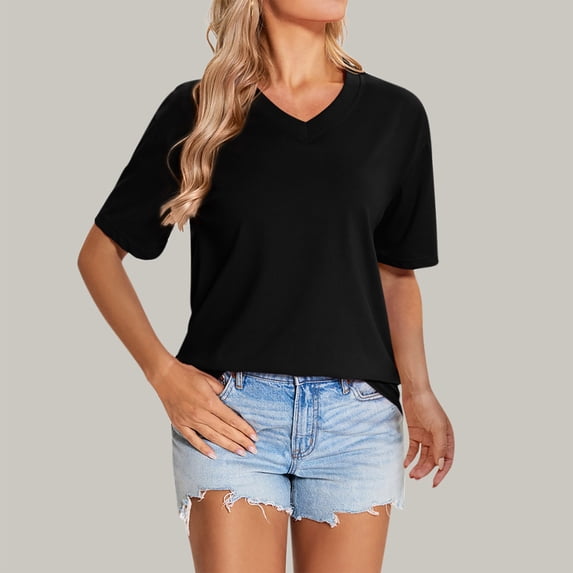 Fengqque Womens T Shirts Short Sleeve V Neck Basic Tee Soft Casual Loose Fit Solid Color Summer Women's Tops Black S(S)