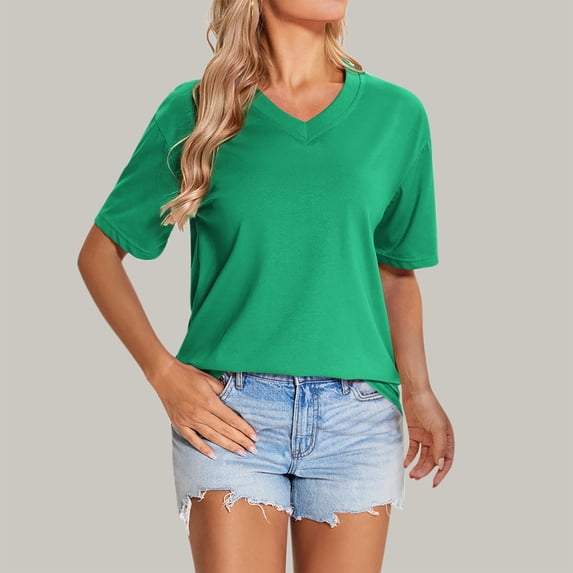 Fengqque Womens T Shirts Short Sleeve V Neck Basic Tee Soft Casual Loose Fit Solid Color Summer Women's Tops Green XXL(XXL)