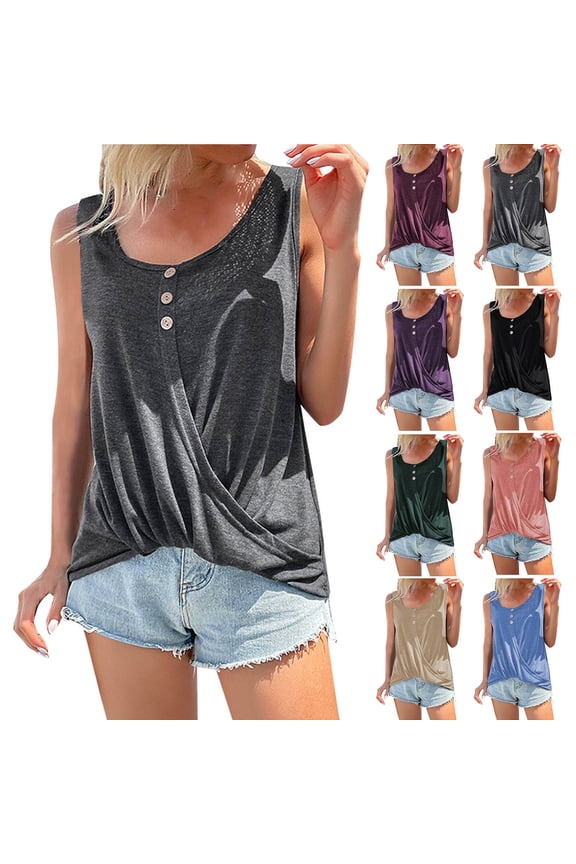 Womens Tank Tops Round Neck Button Loose Summer Tops Basic Knot Hem Sleeveless Shirts Vest Wine XS(XS)