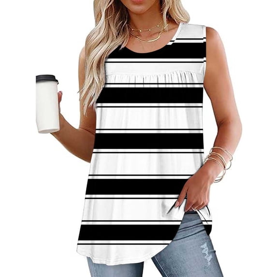 Fengqque Womens Tank Tops Summer Casual Sleeveless Tops Loose Striped Crewneck Pleated Shirt Basic Tees Black XL(XL)