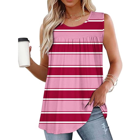 Fengqque Womens Tank Tops Summer Casual Sleeveless Tops Loose Striped Crewneck Pleated Shirt Basic Tees Hot Pink L(L)