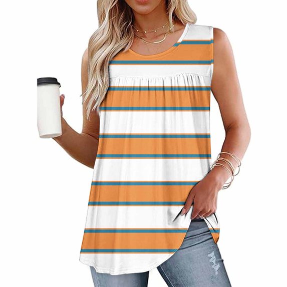 Fengqque Womens Tank Tops Summer Casual Sleeveless Tops Loose Striped Crewneck Pleated Shirt Basic Tees Orange M(M)