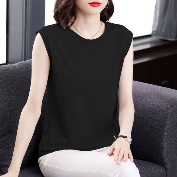 Fengqque Womens Tank Tops Summer Crew Neck Sleeveless Top Loose Fit Basic Solid Color Womens Camisole Black XXXXL(XXXXL)