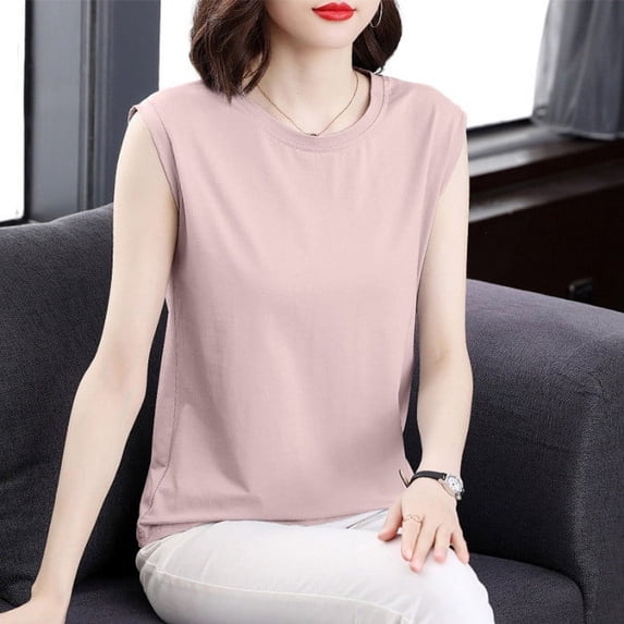 Fengqque Womens Tank Tops Summer Crew Neck Sleeveless Top Loose Fit Basic Solid Color Womens Camisole Pink M(M)