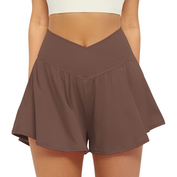 Fengqque Womens Tennis Shorts Crossover High Waisted Athletic Shorts Golf Skorts Flowy Running Workout Shorts Brown XL(XL)
