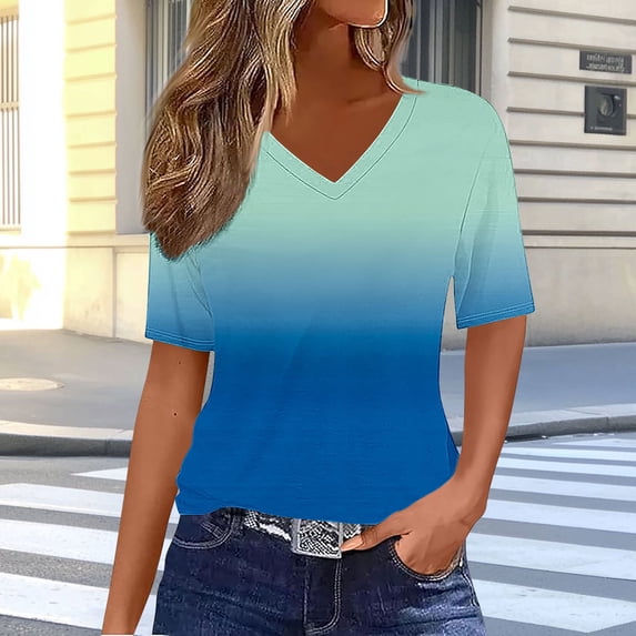 Fengqque Womens Tops Short Sleeve T Shirts Womens Gradient Color Tops Short Sleeve Cute Summer Blouses V-neck Dressy Casual Waist-cinching T Shirts Women's Tops Blue S(S)