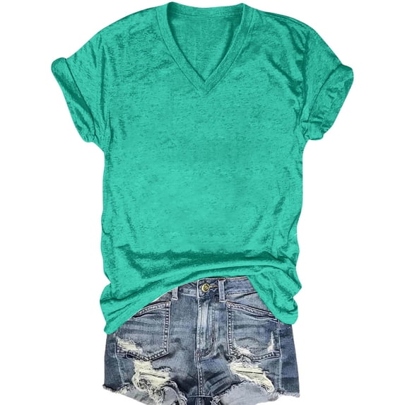 Fengqque Womens Tops Short Sleeve V Neck T Shirts Solid Color Summer Rolled Edge Short Sleeve Shirts Fashion V Neck Women's Tops Green XXL(XXL)