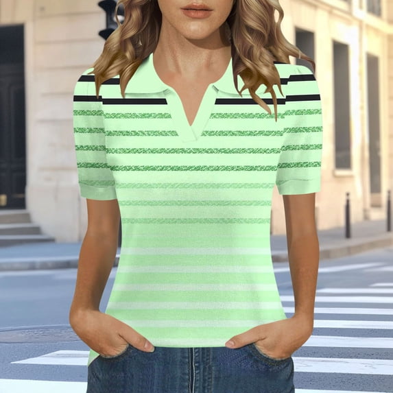 Fengqque Womens Tops Summer Polo Shirts Short Sleeve T Shirts Vacation Striped Print Basic Tee Green-B XXL(XXL)