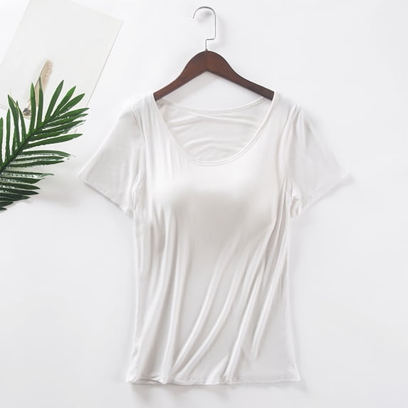 Fengqque Womens Tops Summer Short Sleeve Solid Color Crewneck T Shirts Basic Tee with Padded Cups White S(S)