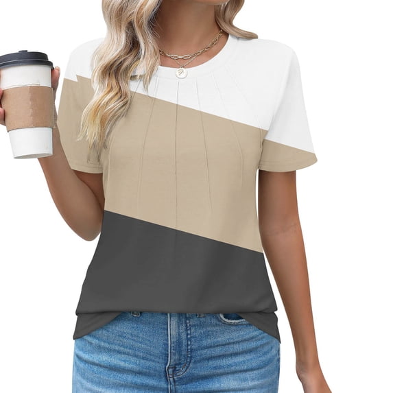 Fengqque Womens Tshirt Short Sleeve Summer Tops Crewneck Pleated Color Blocking Basic Tee Shirts Khaki-B XXL(XXL)