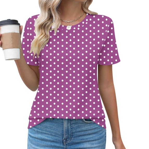 Fengqque Womens Tshirt Short Sleeve Summer Tops Crewneck Plus Size Polka Dot Basic Tee Shirts Purple-C XXL(XXL)