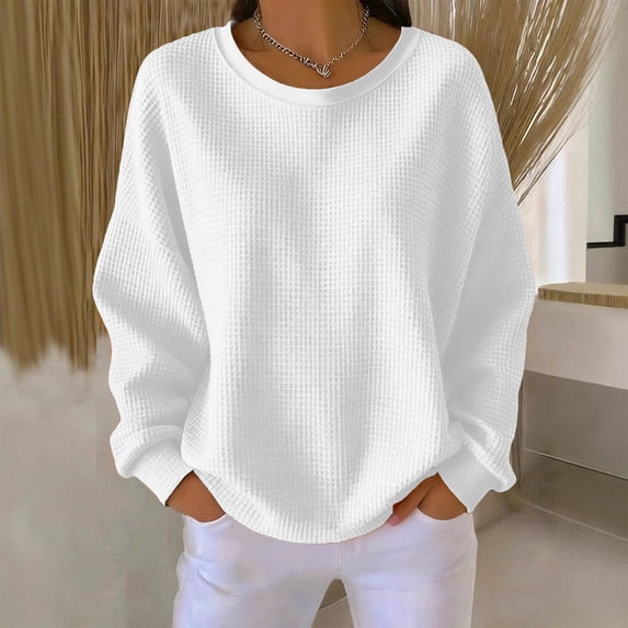 Fengqque Womens Waffle Long Sleeved Round Neck Loose Fitting Pullover T-shirt Casual Daily Top White XL(XL)