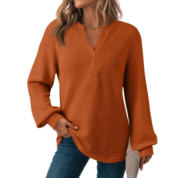 Fengqque Womens Waffle T Shirts V Neck Long Sleeve Shirt Casual Tops Soft Solid Basic Tee Pullover Orange M(M)