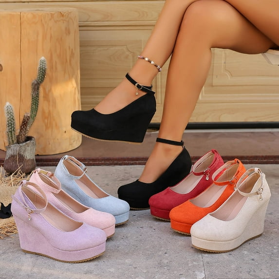 Fengqque Womens Wedge Pumps with Ankle Strap Mary Jane Shoes Closed Toe Wedges Heels for Women Sky Blue 9.5(43)