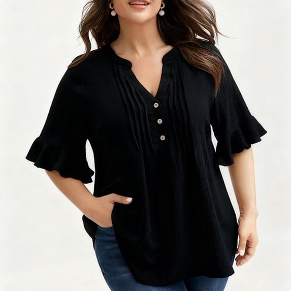 Fengqque Womens Womens Oversized Summer T Shirts Plus Size Tops V-neck Ruffled Button Short Sleeve Loose Fit Shirts Black XXXXL(XXXXL)