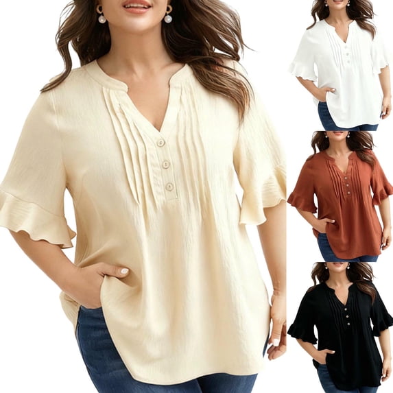 Fengqque Womens Womens Oversized Summer T Shirts Plus Size Tops V-neck Ruffled Button Short Sleeve Loose Fit Shirts White XL(XL)