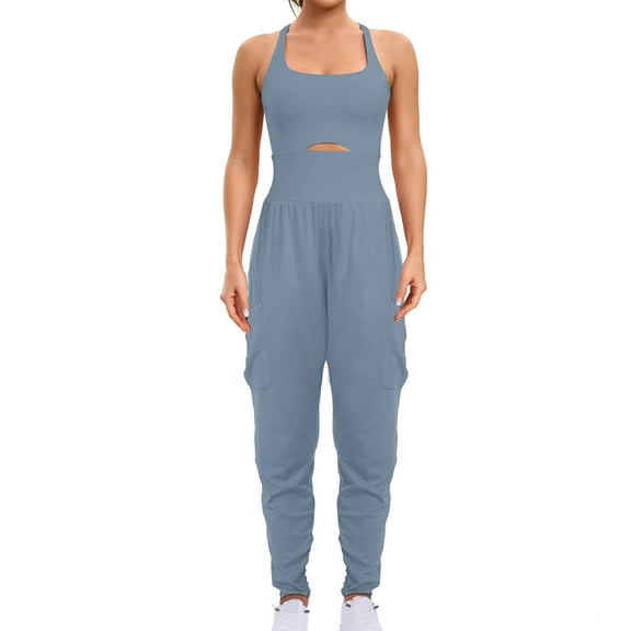 Fengqque Womens Workout Jumpsuits Yoga Gym Bodycon Rompers Slim Shoulder Strap Jumpsuit Pants Light Blue 10(XL)
