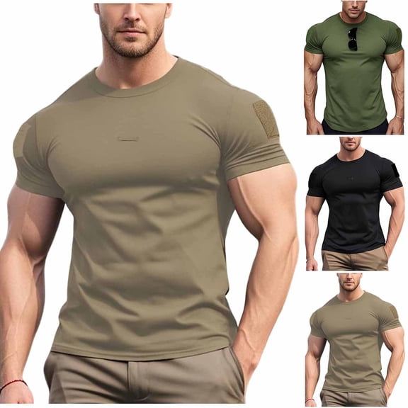 Fengqque Workout Shirts for Men Short Sleeve Athletic Active Tops Quick Dry Crew Neck Slim Fit T Shirt for Running Khaki XL(XL)