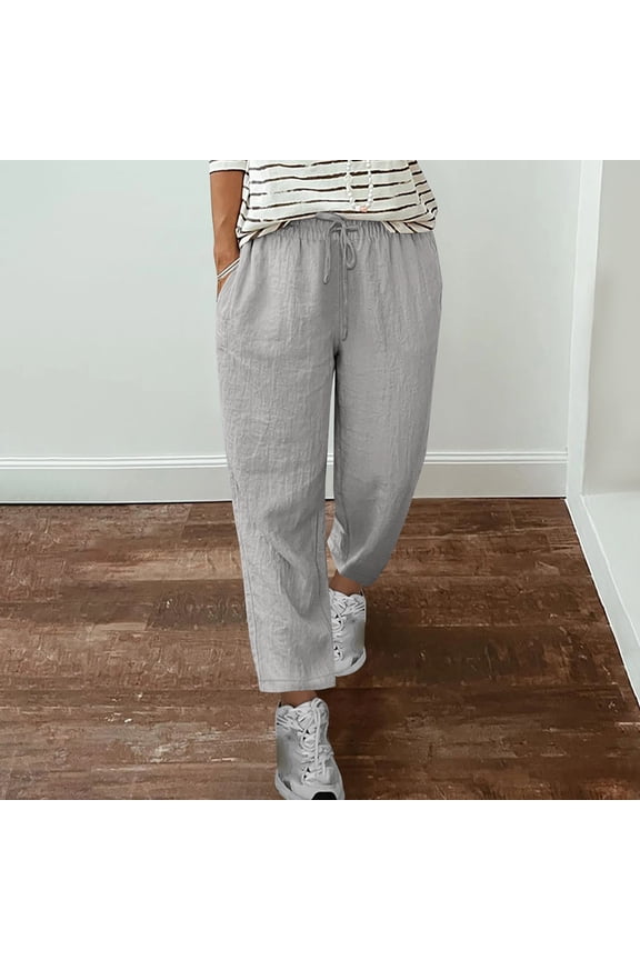 women's Fashionable and Comfortable Spring and Autumn Solid Color Strap Cotton and Hemp Versatile Straight Casual Pants Gray M(M)