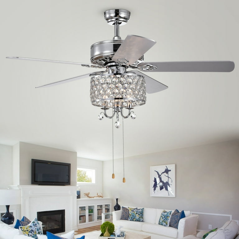 Fengren 52 inch Chrome Lighted Ceiling Fan with Crystal Drum Shade incl. Remote 2 Color Option Blades