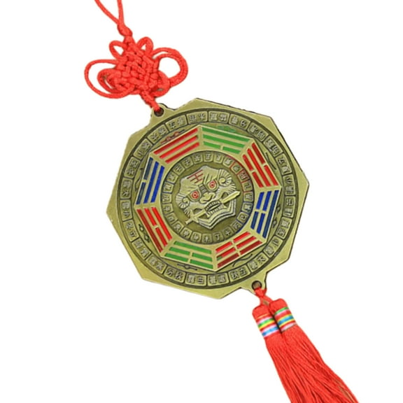 Fengshui Bagua Mirrored for Home Protective and Positive Energy with Foo Dog Biting Swords Chinese Knot Tassels Ornament