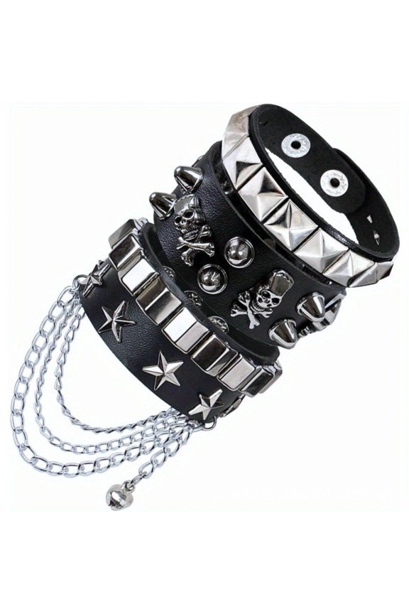 3Pcs Punk Rivet Faux Leather Bracelet Set, Adjustable Snap Button Wrist Cuff Set, Gothic Rock Layered Wrist Jewelry Set