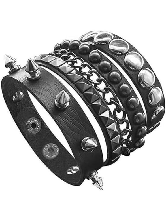 3Pcs Punk Rivet Faux Leather Bracelet Set, Adjustable Snap Button Wrist Cuff Set, Gothic Rock Layered Wrist Jewelry Set