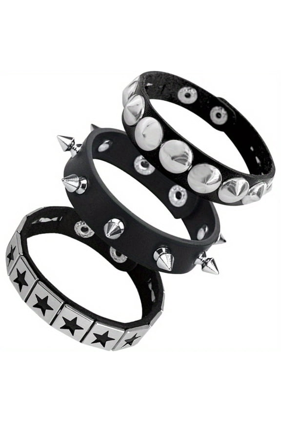 3Pcs Punk Rivet Leather Bracelet Set, Adjustable Snap Button Wristbands with Spikes & Star Decor, Gothic Rock Layering Wrist Jewelry