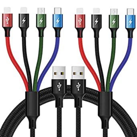 Fengxx 4-in-1 Multi Charging Cable Braided Cord, Dual Type-C + Lightning + Micro USB Multi Port Fast Charging Cord for Phones Tablets Universal Use