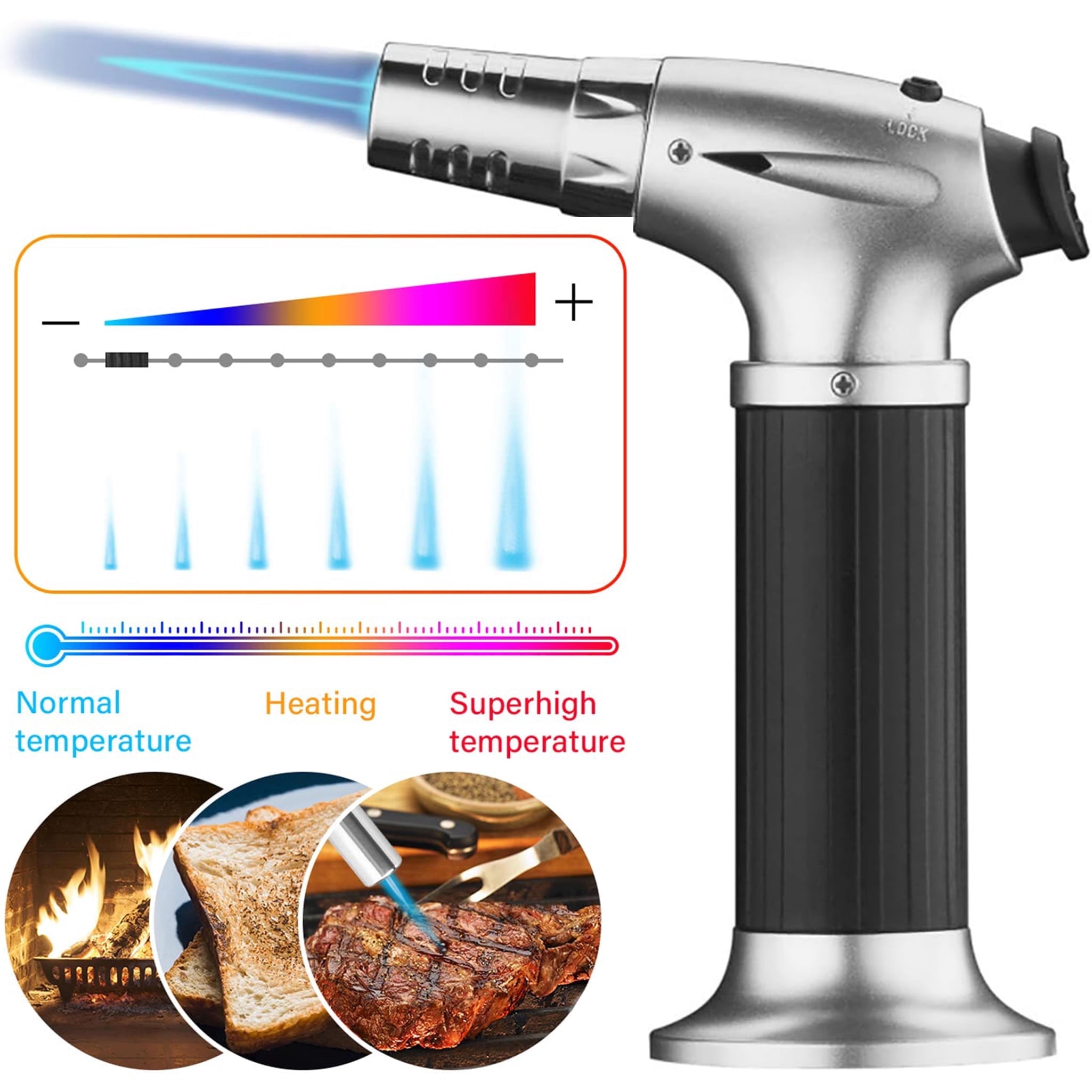 Culinary Butane Torch, Refillable Cooking Blow with Adjustable Flame and Safety Lock, Professional Lighter for Creme Brulee, Baking, BBQ, Soldering