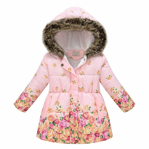 Fengyings Clearance Girl's Winter Coat Jacket Hooded Kids Toddler Flower Print Outwear Warm Cotton Puffer Hooded Jacket