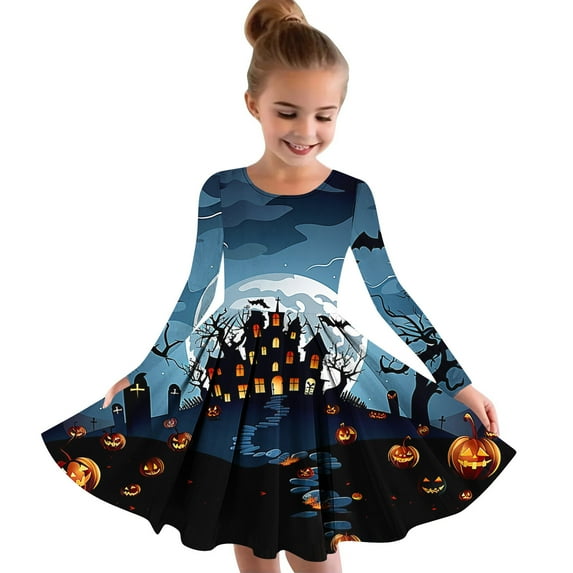 Fengyings Girls Halloween Dress Long Sleeve Printed Swing Dresses Girls Long Sleeve Stretchy Dress A line School Party Dress