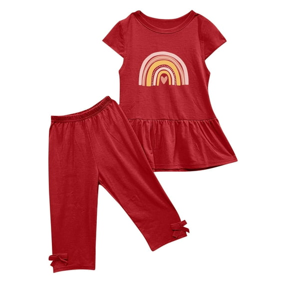 Fengyings Clearance Girls Summer Clothes Short Sleeve Dress Shirt+Pants Set Two Piece Summer Outfits