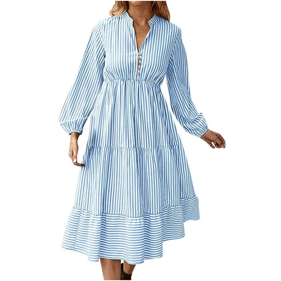 Fengyings Maxi Dress for Women V Neck Stripe High Waist Puff Long Sleeve Tiered Ruffle Hem Swing Midi Dress